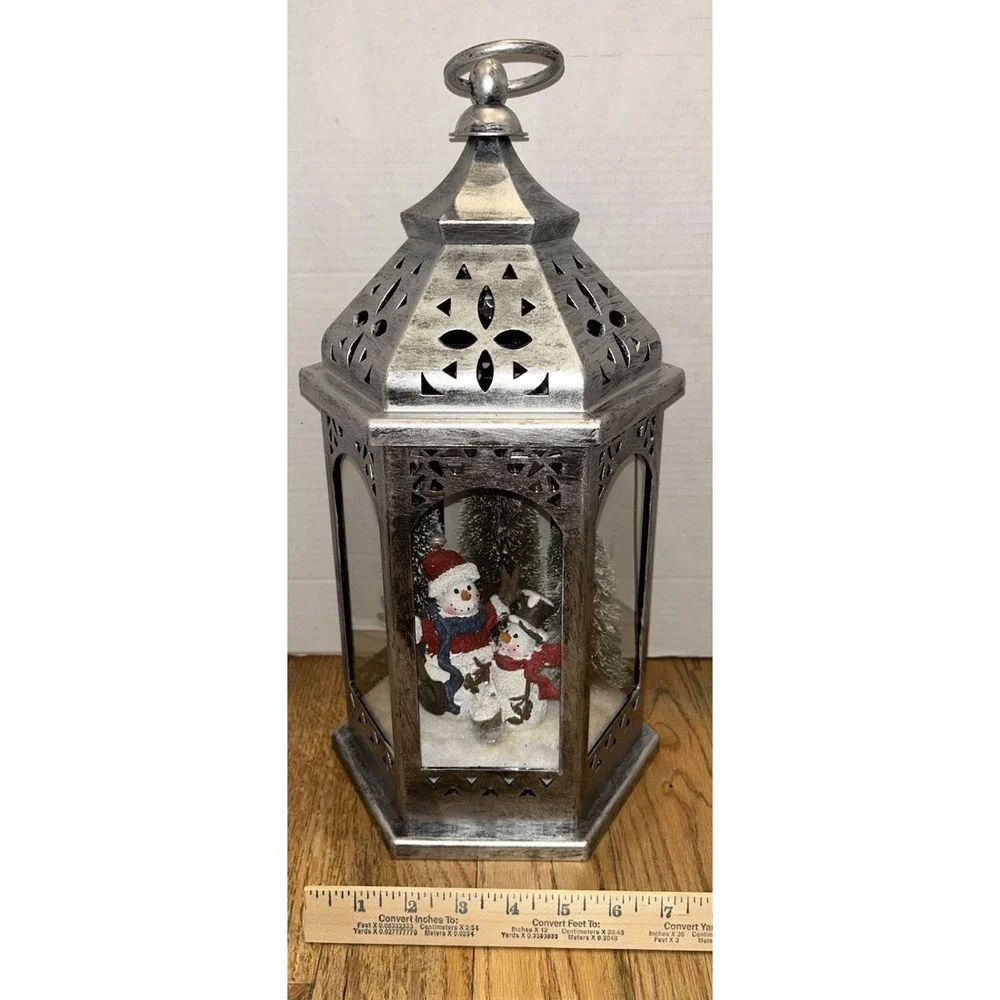 Christmas Silver Lantern Snowman Scene Trees‎ Light Lights Up Holiday Decor